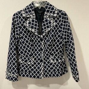 Talbots Blazer Jacket Lined Women's Size 4‎ Blue And White Geometric Office Work